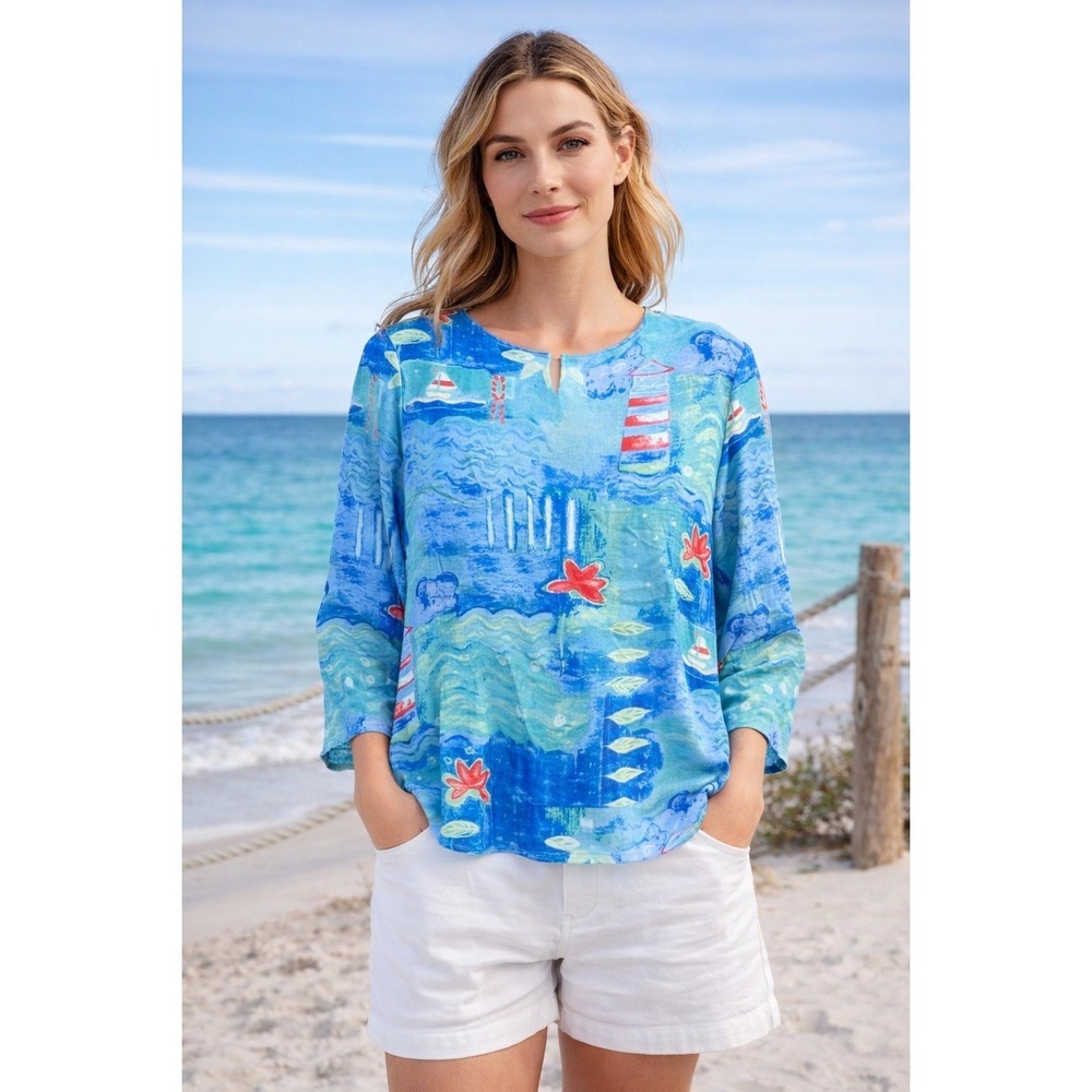 Willi Of California Blouse Womens Size 16 Coastal Under‎ The Sea Tunic Top OD117